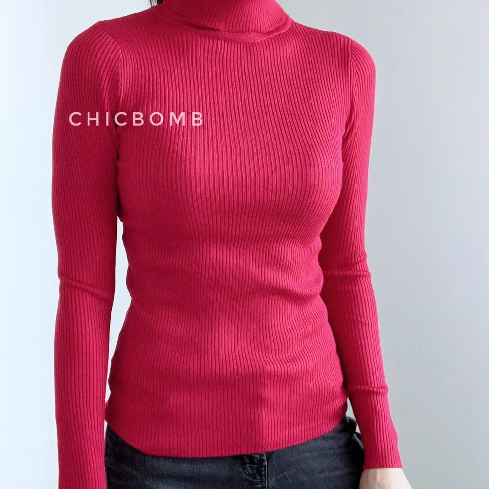 RED SLIM FIT RIBBED TURTLENECK TOP - Picture 7 of 14